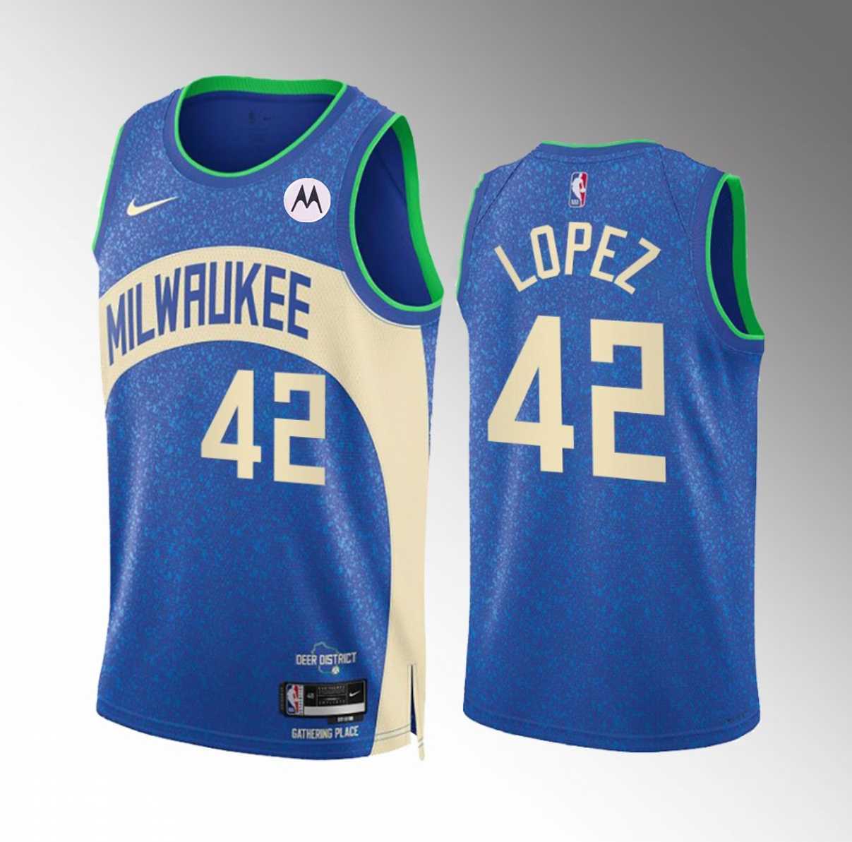 Men's Milwaukee Bucks #42 Robin Lopez Blue 2023-24 City Edition Stitched Basketball Jersey Dzhi